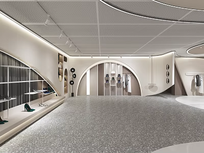 Modern Retail Showroom With Curved Ceiling Design Display Shelves And Terrazzo Floor 3d model