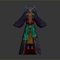 Man in Traditional Costume with Purple Robe Red Green Details and Decorative Headpiece