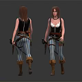 Two Female Characters With Striped Pants Black Vests Weapons And Mystical Creature