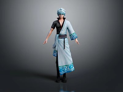 Anime Character With Blue Hair In Kimono Style Outfit Featuring Blue Patterns 3d model