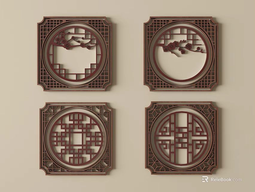 Traditional Chinese Wooden Carved Lattice Windows With Intricate Mountain Patterns 3d model 