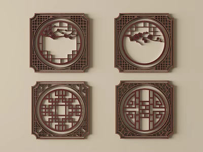 Traditional Chinese Wooden Carved Lattice Windows With Intricate Mountain Patterns 3d model