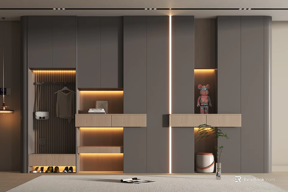 Modern Shoe Cabinet Design With Gray Panels LED Strip Lighting And Wooden Shelves Decor 3d model 