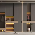 Modern Shoe Cabinet Design With Gray Panels LED Strip Lighting And Wooden Shelves Decor