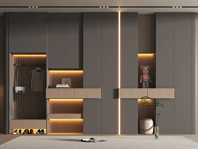 Modern Shoe Cabinet Design With Gray Panels LED Strip Lighting And Wooden Shelves Decor 3d model