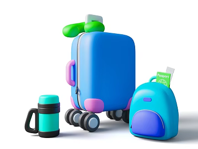 Blue Suitcase with Pink Handle and Wheels and Teal Thermos Flask and Backpack 3d model