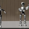 Two Smart Robots Standing With Different Poses in Room With Wooden Wall