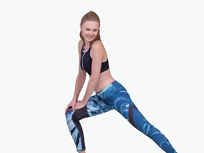 Fit Woman Stretching Legs In Blue Printed Leggings And Black Sports Bra 3d model