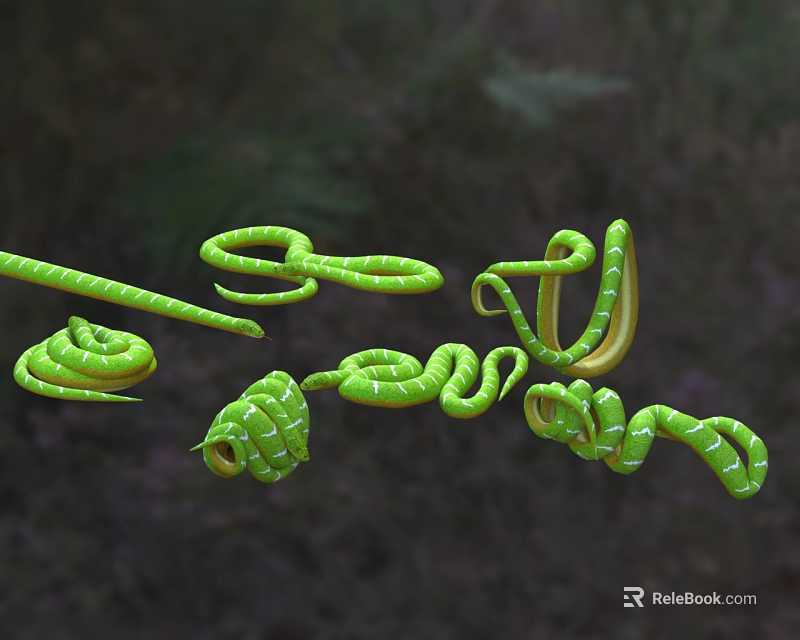 Green Reptile Snakes In Various Coiled Curved Forms With Green Plants Background 3d model 
