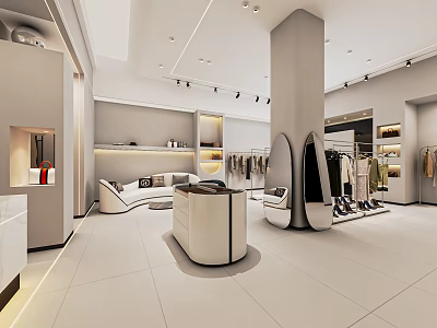 Modern Clothing Store Interior Featuring Spacious Layout White Decor Display Racks And Fitting Room 3d model