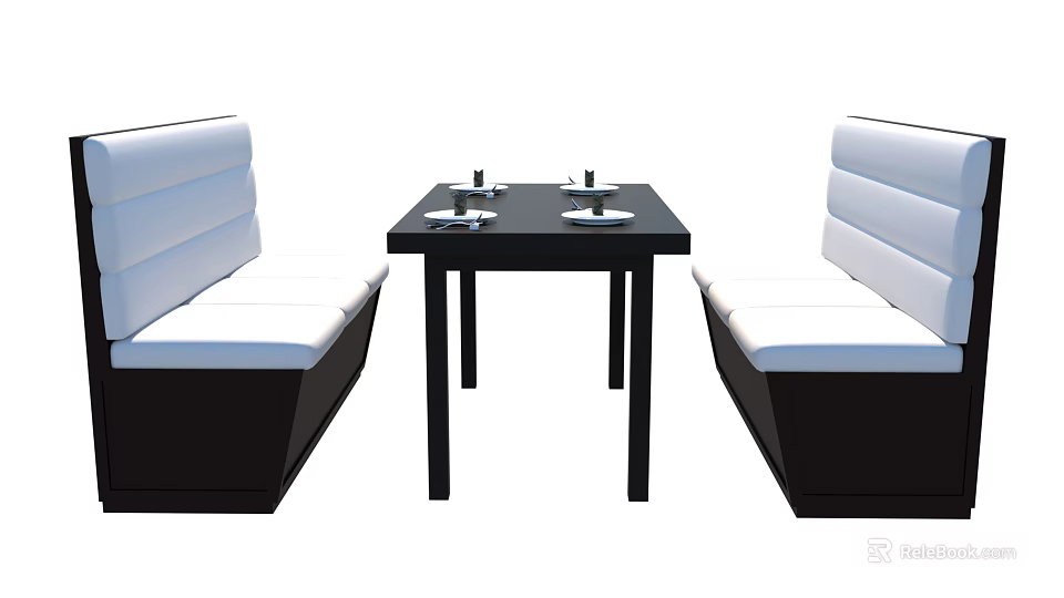 Public Chairs With Black Table Plates And Cups In Dining Area 3d model
