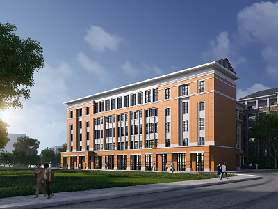 School Building with Orange Brown Bricks Green Lawn Trees and People Walking Under Blue Sky 3d model
