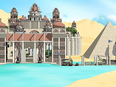 Ancient Architecture With Domes Columns Desert Waterfront And Pyramid View 3d model