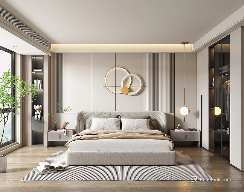 Modern Bedroom Interior Design With Circular Decor Headboard Wall Nightstands Table Lamps And Area Rug 3d model 