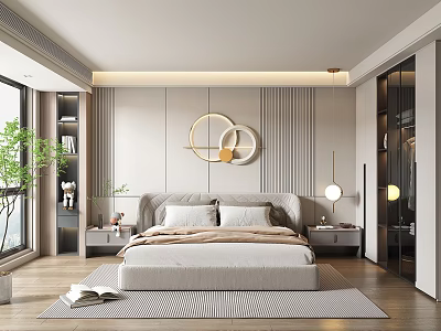 Modern Bedroom Interior Design With Circular Decor Headboard Wall Nightstands Table Lamps And Area Rug 3d model