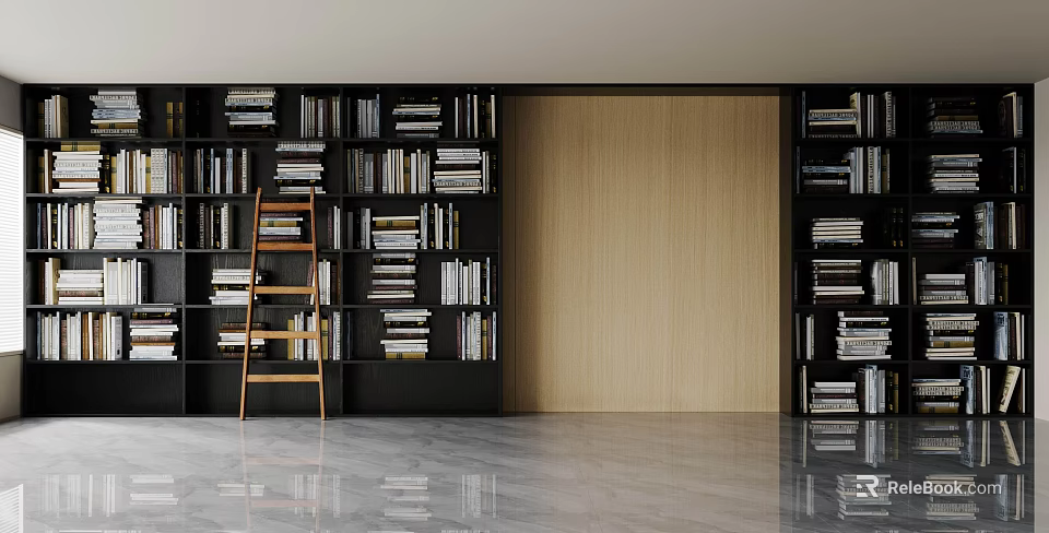 Black Bookcase With Many Books And Wooden Ladder Light Wood Background Wall And Smooth Floor 3d model 