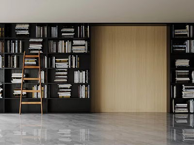 Black Bookcase With Many Books And Wooden Ladder Light Wood Background Wall And Smooth Floor 3d model
