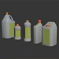 White Plastic Household Cleaning Bottles With Orange Caps And Yellow Labels In Various Sizes