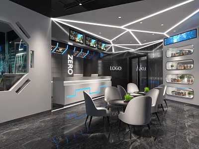 Modern Store Front Desk with Digital Screens Logo Signage Marble Floor and Seating Area 3d model