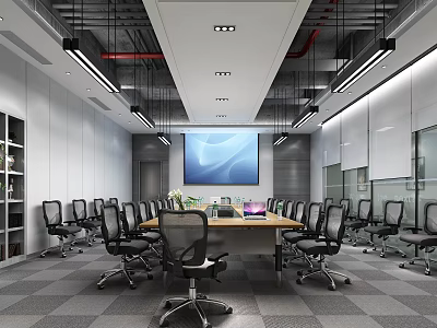 Modern Conference Room Interior With Large Screen Conference Table And Ergonomic Chairs 3d model