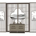 Chinese Traditional Room Divider Screen with Lattice Frame Cloud Shaped Mountain and Bird Patterns 3d model
