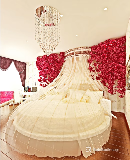 Luxurious Hotel Room Interior With Red Floral Walls White Canopy And Chandelier 3d model 