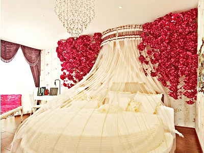 Luxurious Hotel Room Interior With Red Floral Walls White Canopy And Chandelier 3d model