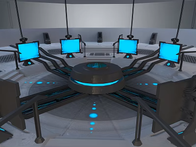 Futuristic Computer Control Room With Multiple Monitors Circular Console And Blue Lighting 3d model