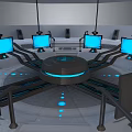 Futuristic Computer Control Room With Multiple Monitors Circular Console And Blue Lighting 3d model