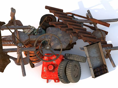 Rusty Old Mechanical Parts Collection With Wheels Gears And Engine Components 3d model