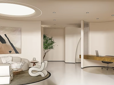 Modern Shop Front Desk With Curved Design Sofa Abstract Painting Green Plant And Circular Rug 3d model