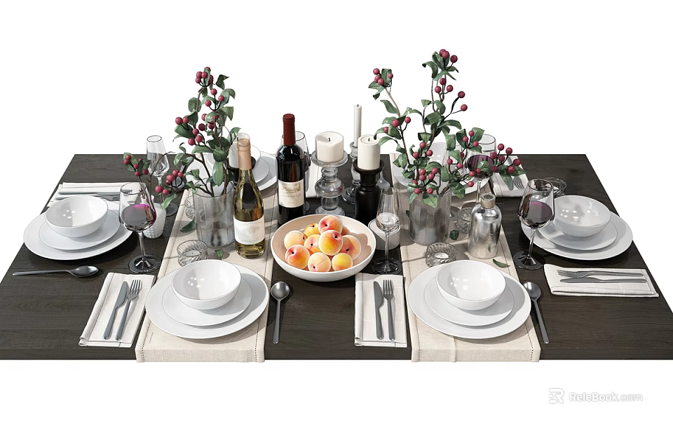 Tableware Set with Plates Bowls Utensils Wine Bottles Fruits and Floral Decor on Dining Table 3d model 