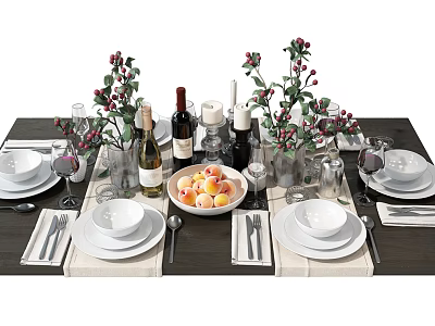 Tableware Set with Plates Bowls Utensils Wine Bottles Fruits and Floral Decor on Dining Table 3d model
