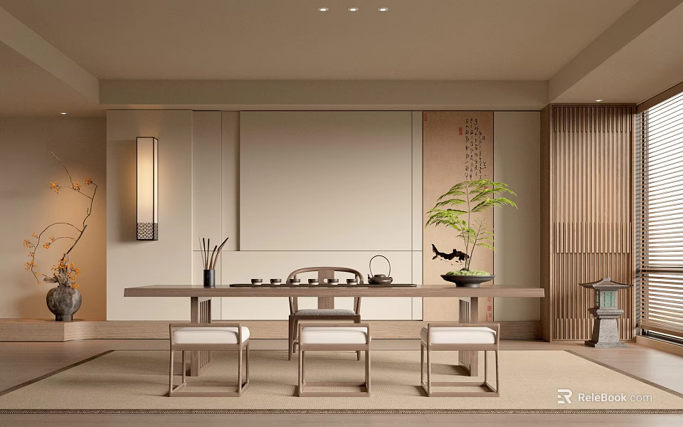 Minimalist Japanese Style Reception Room Interior With Long Wooden Table Stools And Green Plant 3d model 
