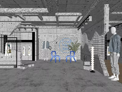 Industrial Public Office Space With Concrete Walls Blue Chairs And Ceiling Structure 3d model
