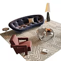 Stylish Sofa And Coffee Table Set With Tufted Dark Blue Upholstery Glass Top And Geometric Rug
