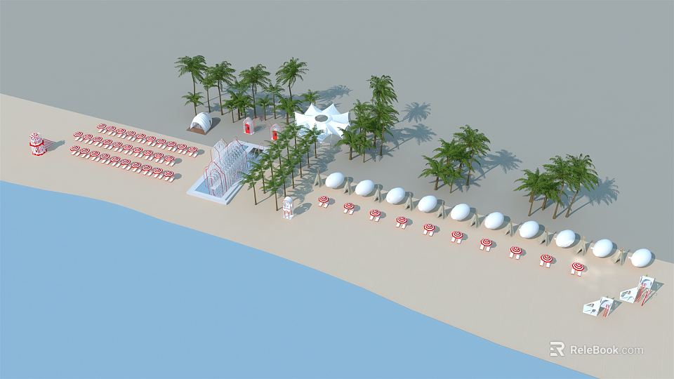 Tropical Beach Scenery With Palm Trees White Sand Blue Ocean Sun Umbrellas And Loungers 3d model 