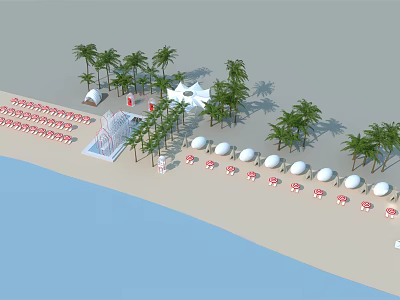 Tropical Beach Scenery With Palm Trees White Sand Blue Ocean Sun Umbrellas And Loungers 3d model