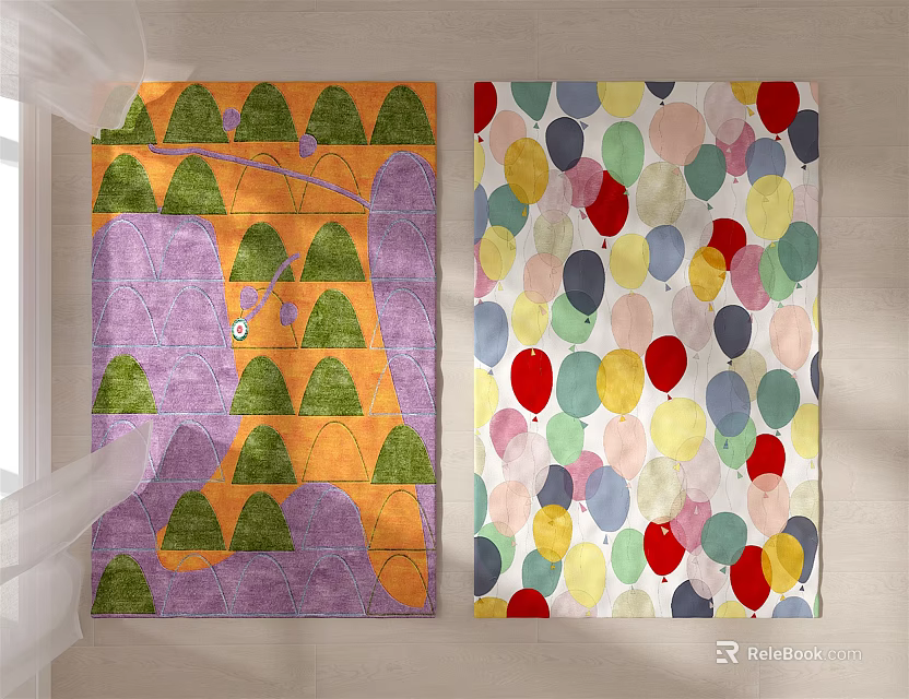 Square Rugs Featuring Green Tree Patterns Geometric Elements And Colorful Balloon Designs 3d model 