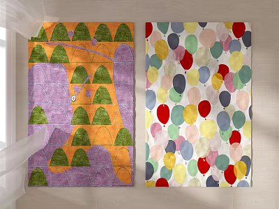 Square Rugs Featuring Green Tree Patterns Geometric Elements And Colorful Balloon Designs 3d model