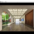 Modern Hotel Lobby With Spacious Interior Square Grid Ceiling Marble Flooring And Green Plants