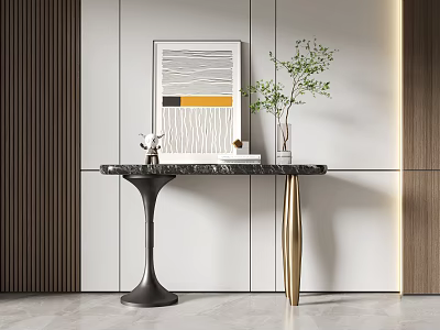 Elegant Modern Console Table With Marble Top Metal Legs Green Plant And Decorative Vase 3d model