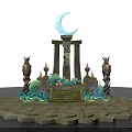 Cartoon Scene Featuring Crescent Moon Stone Platform Statues Flames And Water Waves 3d model
