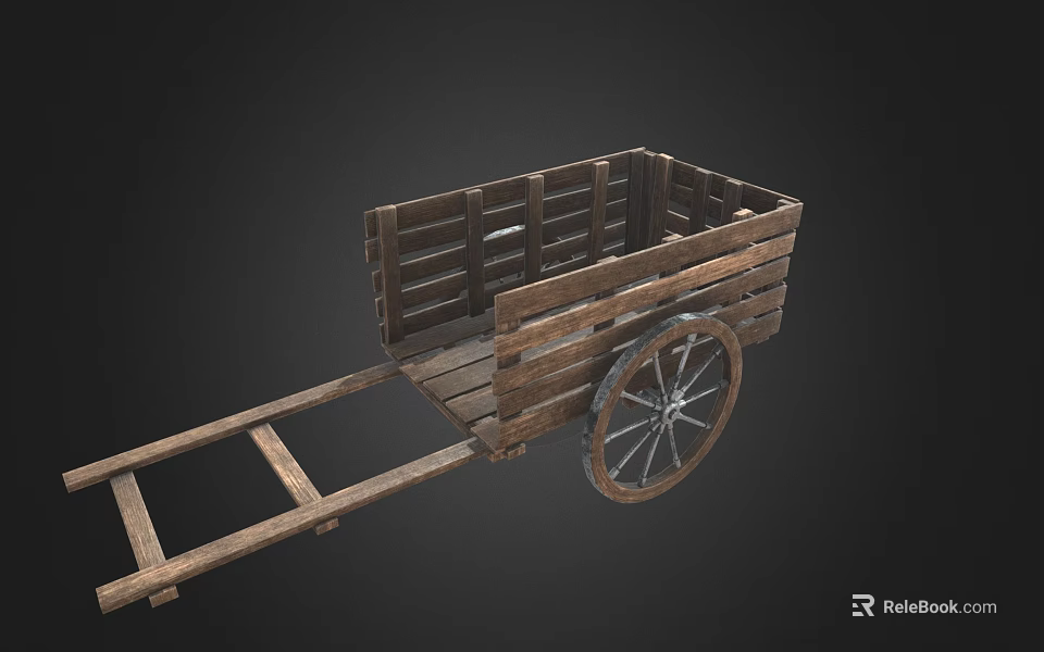 Vintage Wooden Cart With Plank Body Spoked Wheel And Pull Handle 3d model 
