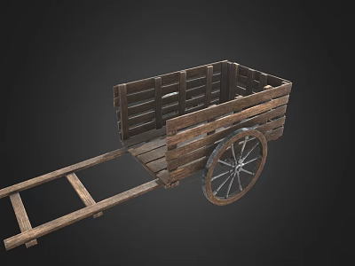 Vintage Wooden Cart With Plank Body Spoked Wheel And Pull Handle 3d model