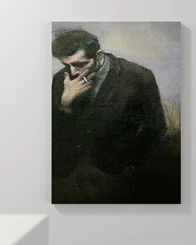 Figure Painting Of Man In Dark Coat With Contemplative Smoking Gesture 3d model