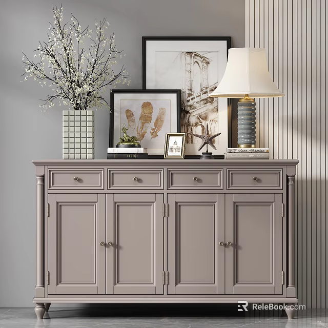 Modern Gray Entryway Console Table With Vase Photo Frames And Decorative Table Lamp 3d model