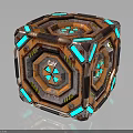 Mechanical Geometric Cube Device With Orange Blue Panels Metallic Bolts And Reflective Surface