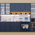 Modern Dark Blue Sideboard With Glass Doors LED Lighting And Dinnerware Storage