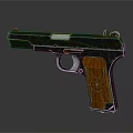 Classic Vintage Pistol With Shiny Metal Body And Wooden Grip Featuring Wood Grain